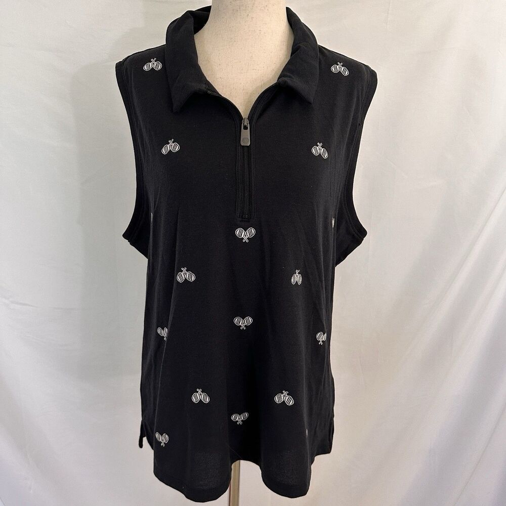 Sigrid Olsen Sleeveless Polo Shirt Sz XL Embroidered Pickleball Paddle Print Top